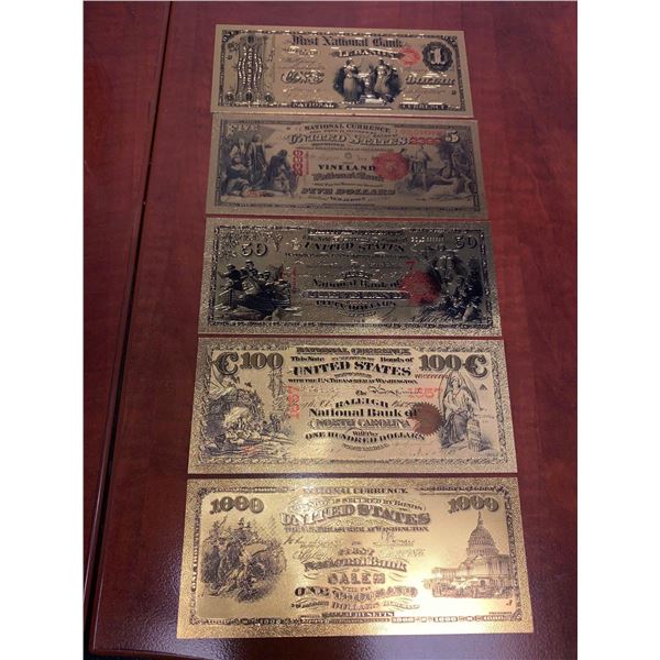 United States National Bank Set of Gold Foil Commemorative Bills Set $1.00-$1000.00