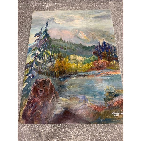 "Bear Beware" a/c press bd. by Carol Cowan 20 x 15