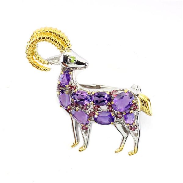 Natural Amethyst Rhodolite Garnet Goat Brooch