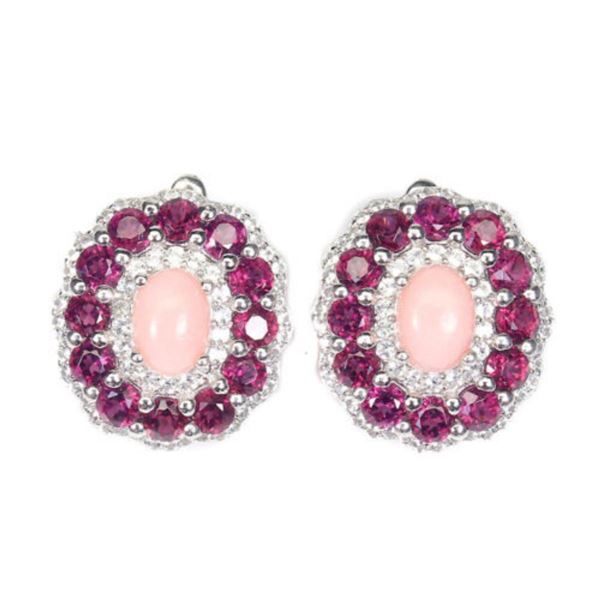Natural Unheated Oval Pink Opal Rhodolite Garnet Earrings