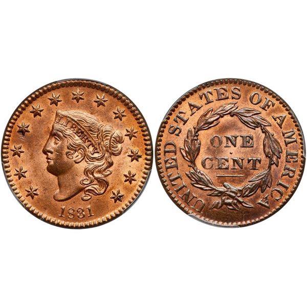 1831 N-8 R3 Large Letters PCGS graded MS64+ Red & Brown, CAC Approved