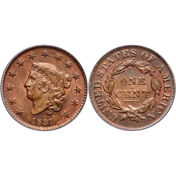 1831 N-12 R1 Large Letters PCGS graded MS65 Red & Brown, CAC Approved