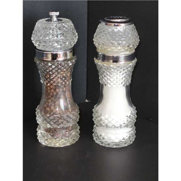 MID CENTURY CRYSTAL SALT SHAKER AND PEPPER GRINDER