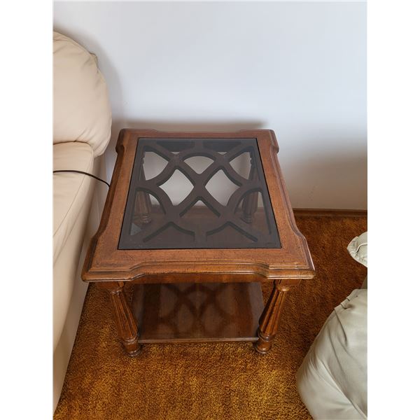SET OF VINTAGE WOOD AND GLASS END TABLES