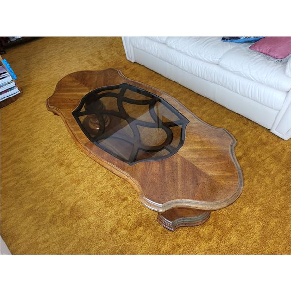VINTAGE WOOD AND GLASS COFFEE TABLE