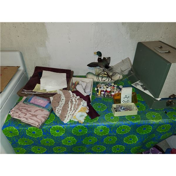 LOT OF SEWING NOTIONS AND FABRIC, ETC
