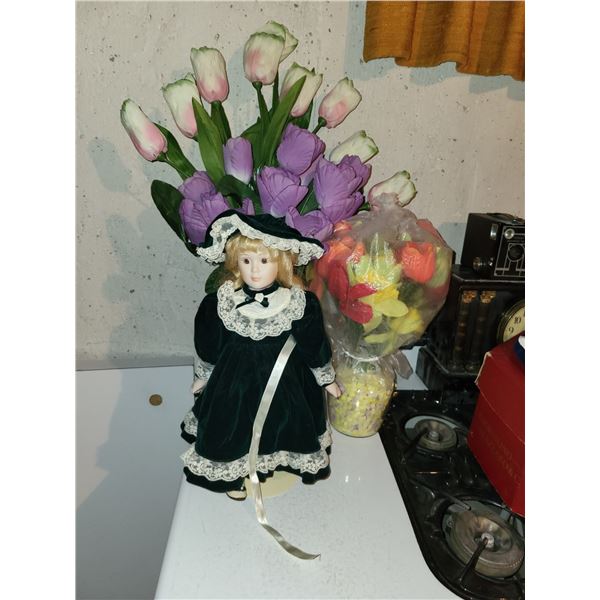 VINTAGE FAUX FLOWERS AND A PORCELAIN DOLL