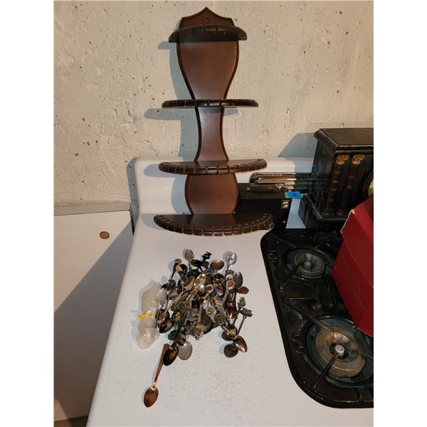 LOT OF SOUVENIR SPOONS AND RACK