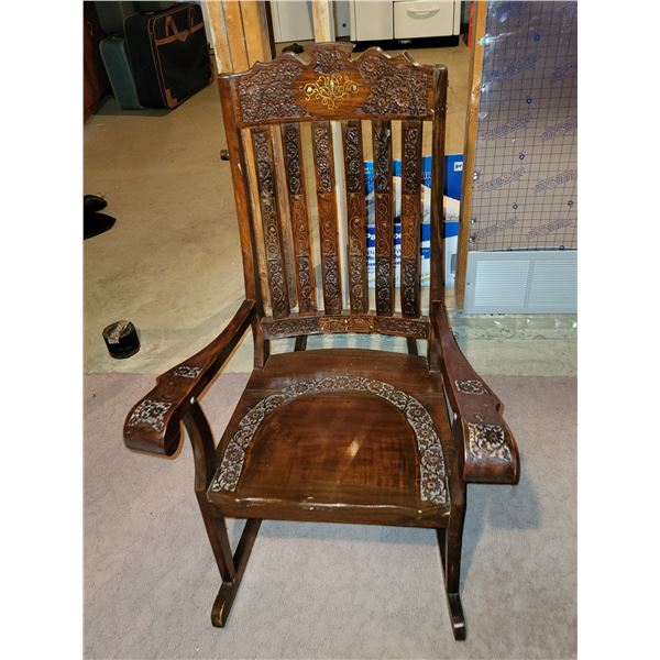ORNATE ANTIQUE DARK WOOD ROCKING CHAIR WITH INLAY