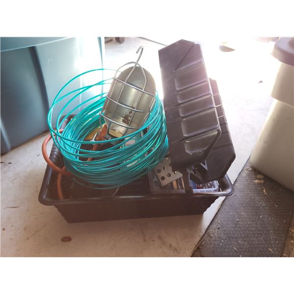 BROWN PLASTIC TOTE OF RANDOM HARDWARE AND SUCH