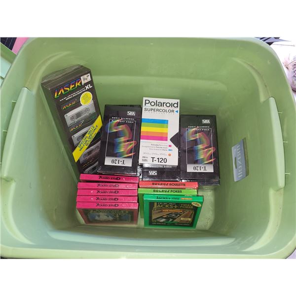 TOTE WITH BLANK VHS TAPES AND OLD COMPUTER GAMES