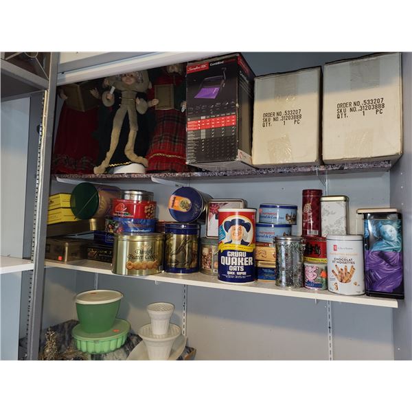 SHELF FULL OF VARIOUS TINS