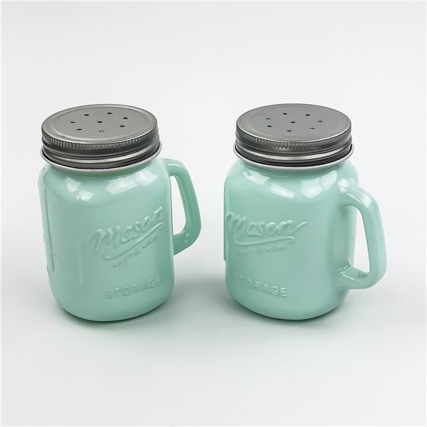 PAIR OF TEAL BLUE MASON JAR SALT & PEPPER SHAKERS