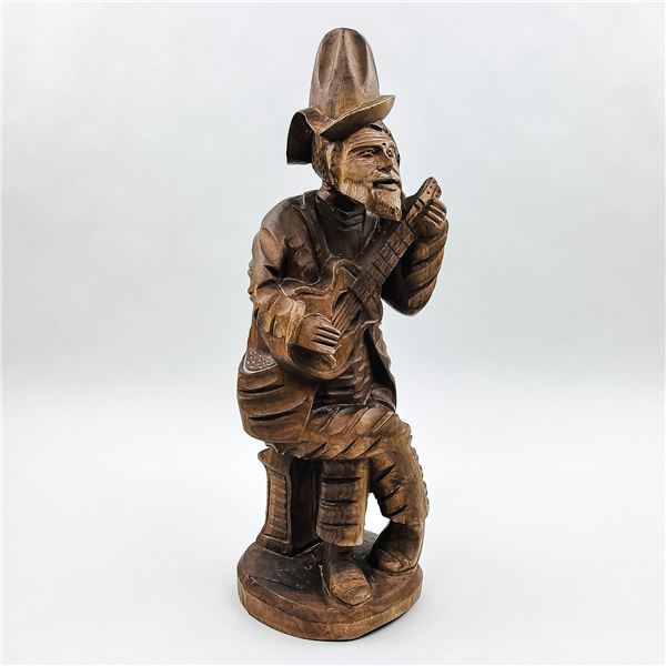 VINTAGE 16” FOLK ART WOOD CARVING - MAN & GUITAR
