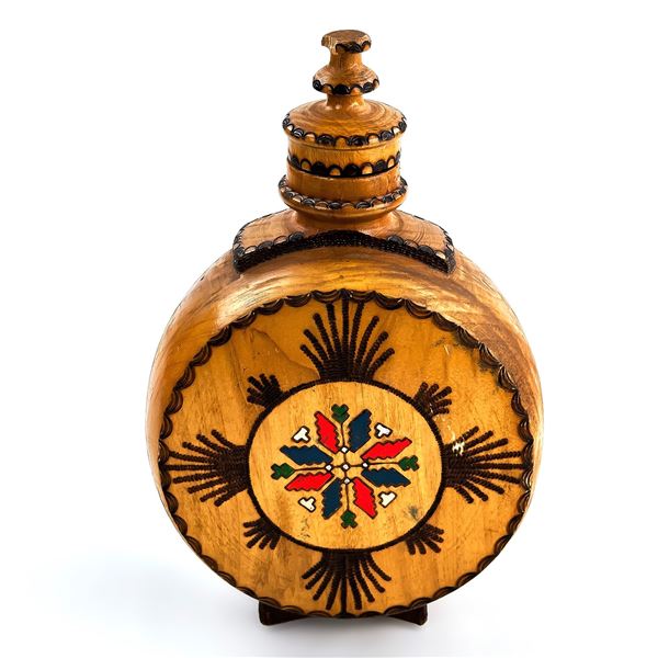 HAND CRAFTED CARVED WOODEN SCREW TOP FLASK