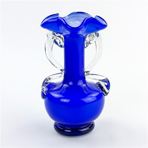 VINTAGE HAND BLOWN BLUE & WHITE ART GLASS VASE