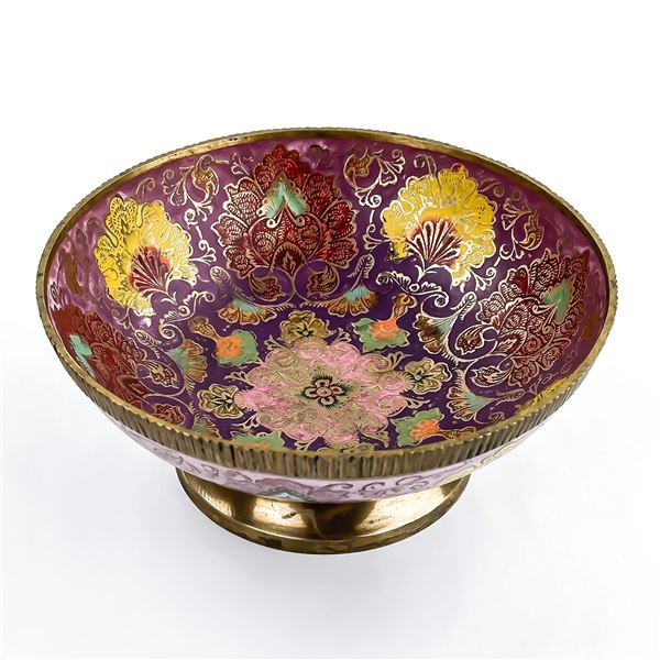 LARGE VINTAGE CLOISONNE ENAMELED BRASS BOWL
