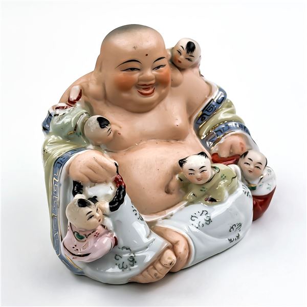 VINTAGE PORCELAIN LAUGHING BUDDHA WITH FIVE KIDS