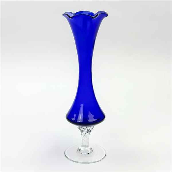 VINTAGE COBALT BLUE GLASS SPIRAL STEM BUD VASE