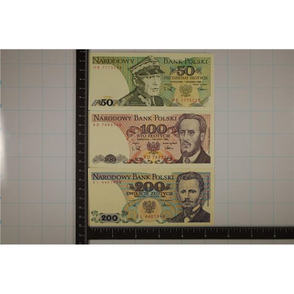 3-BANK OF POLAND 1988 ZLOTYCH BILLS ALL ARE CU