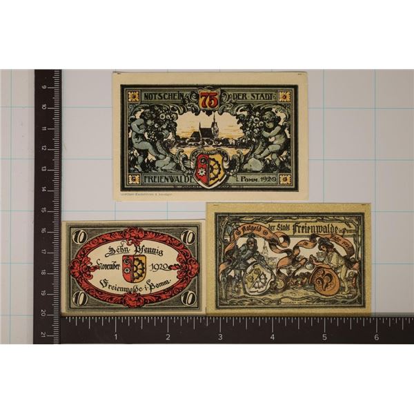 3- 1920 GERMAN FREIENWALDE NOTGELDS (CRISP UNC)