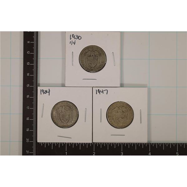 1930, 1934 & 1947 PANAMA SILVER 1/4 BALBOA
