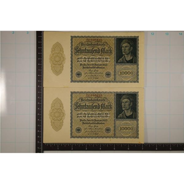 2-1922 GERMAN 10,000 MARK BILLS AU-CRISP UNC