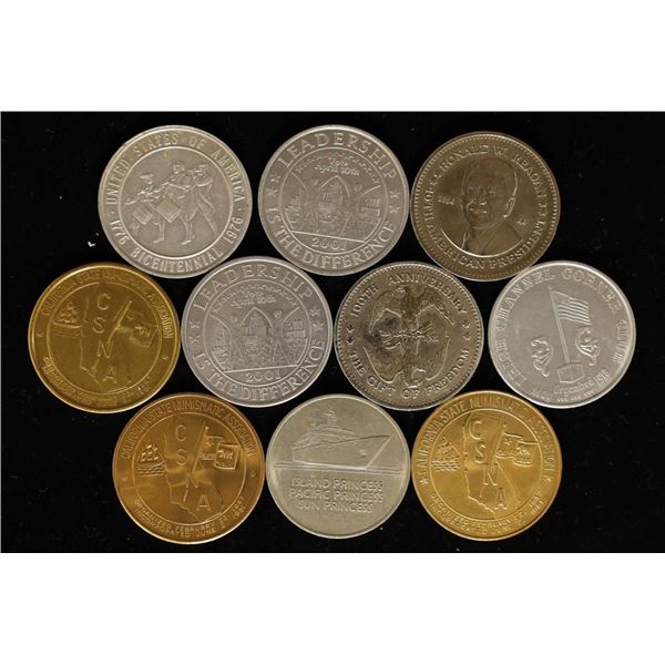 10 ASSORTED 1 1/2'' TOKENS: 2-DOUBLE EAGLES, 3-