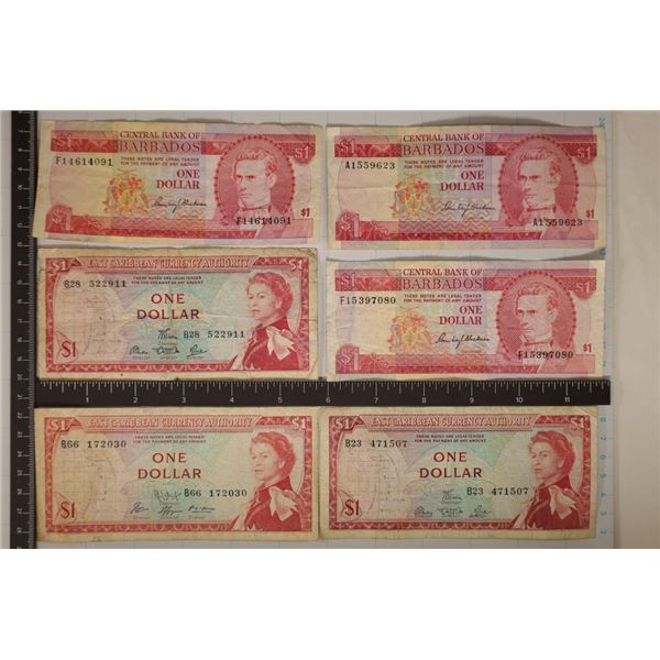 3-BARBADOS & 3-EAST CARRIBEAN $1 BANK NOTES