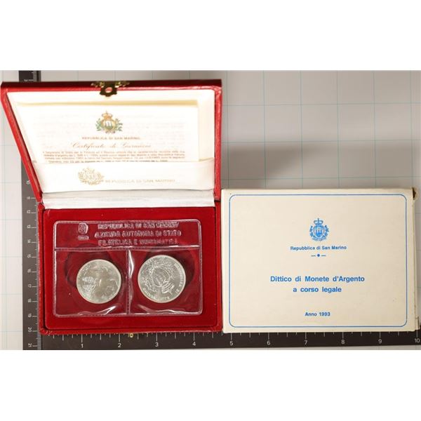 2 PIECE SILVER SET OF 1993 SAN MARINO UNC COINS