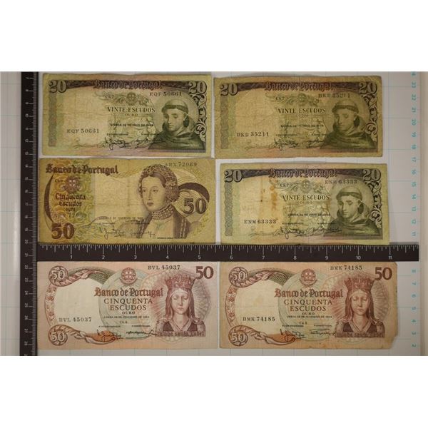 6 PORTUGAL ESCUDOS BILLS: 3-1964-20 ESCUDOS,