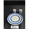 Image 1 : 3 Pieces of Blue Banded Kitchenware Plate. 2 Egg Cups