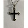 Image 2 : 925 Sterling Silver Cross Pendant w/ 925 Sterling Chain, Onyx Inlay