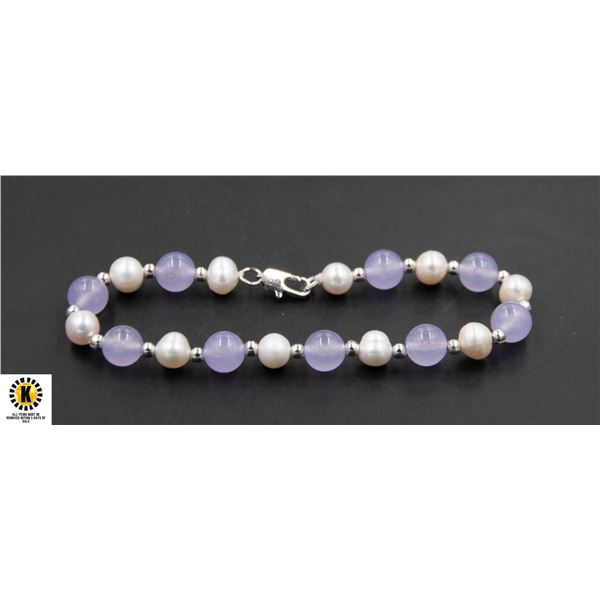 #211-FRESH WATER PEARL &  PURPLE JADE BRACELET 7.5