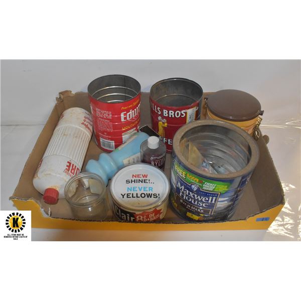 FLAT OF OLD TINS, JARS, CONTAINER