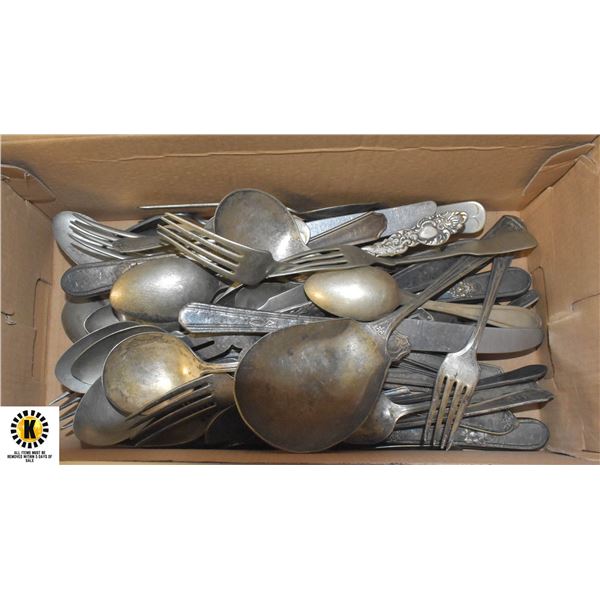 BOX OF ANTIQUE SILVER-PLATED CUTLERY