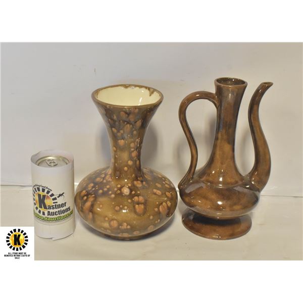 ORNATE STONEWARE DCOR PITCHER & VASE BROWN TONES