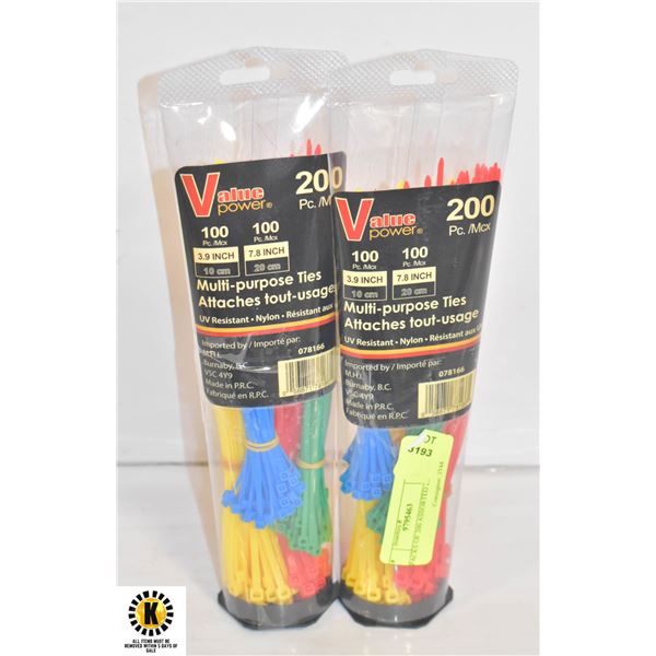 2 PACKS OF 200 ASSORTED ZIP TIES