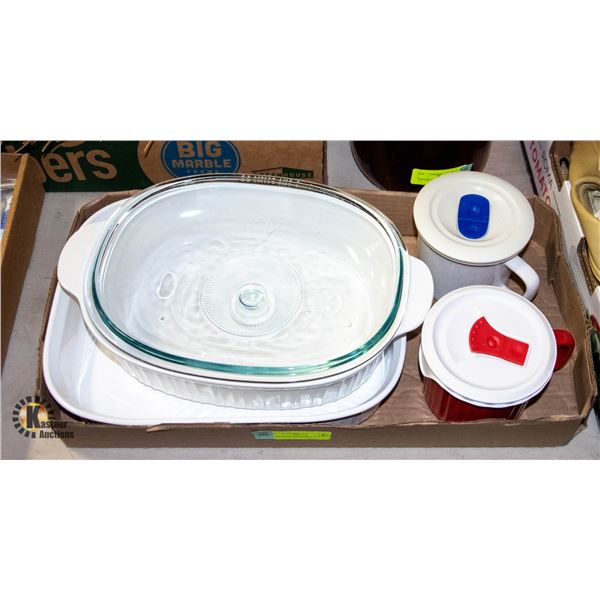 FLAT CORNINGWARE - CASSEROLE DISHES AND SOUP CUPS