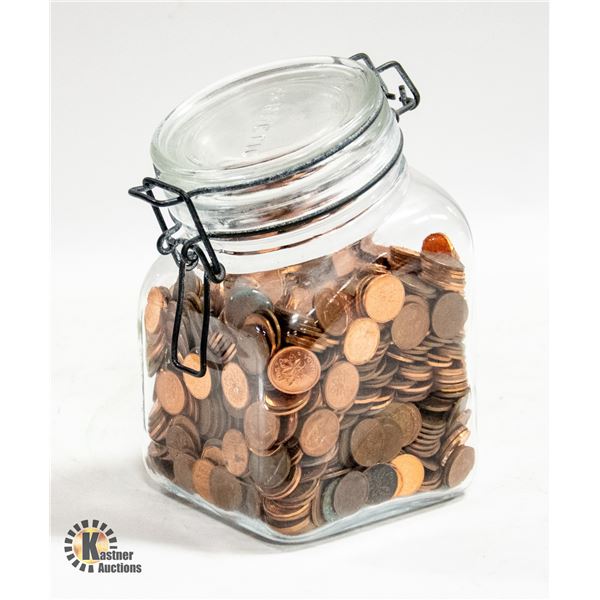 ITALIAN GLASS JAR FULL OF CANADIAN PENNIES