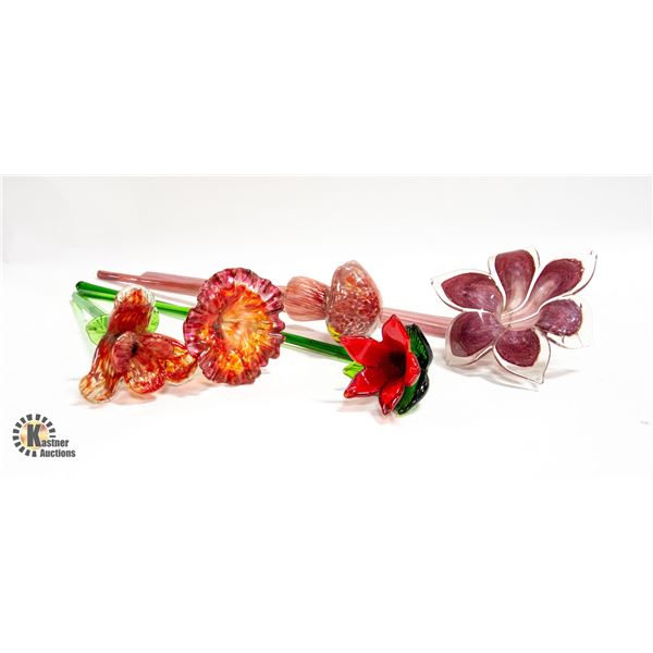 5 BLOWN GLASS FLOWER GARDEN STAKES