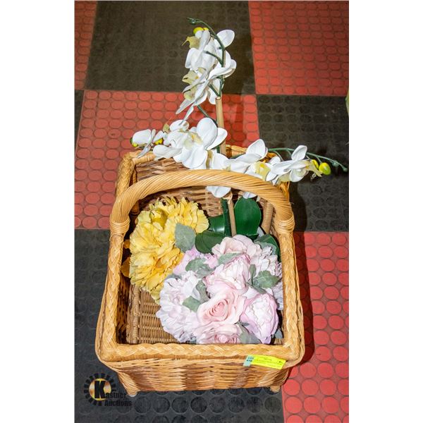 WICKER BASKET WITH 3 FLOWER ARRANGEMENTS