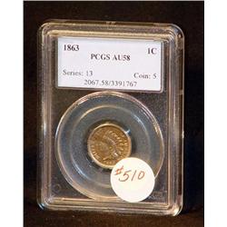 1863 INDIAN CENT CERTIFIED AU58 BRILLIANT, CERTIFI