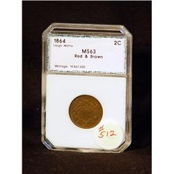 1864 2-CENT MS63 RED & BROWN CERTIFIED