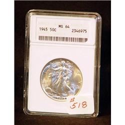 1945 WALKING LIBERTY HALF DOLLAR CERTIFIED MS64