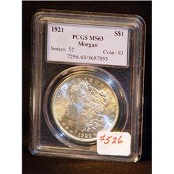 1921 MORGAN SILVER DOLLAR CERTIFIED MS63