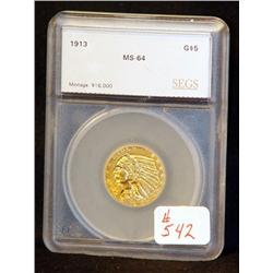 1913 $5 INDIAN GOLD PIECE CERTIFIED MS-64