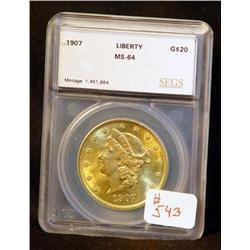 1907 $20 GOLD PIECE CERTIFIED MS64