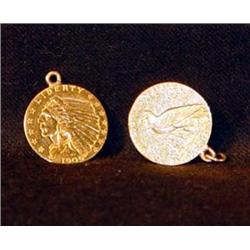 QUARTER EAGLE GOLD PIECES WITH EARRING LOOPS, 1909