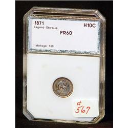 1871 PROOF HALF DIME CERTIFIED PR60